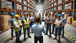 Group of warehouse employees sharing Artificial Intelligence insights with their business unit leader.